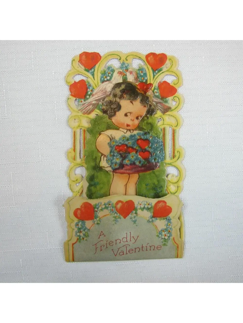 Vintage Valentine Pull Down Die Cut Girl Flower Basket Stand Up Germany 1920-30s